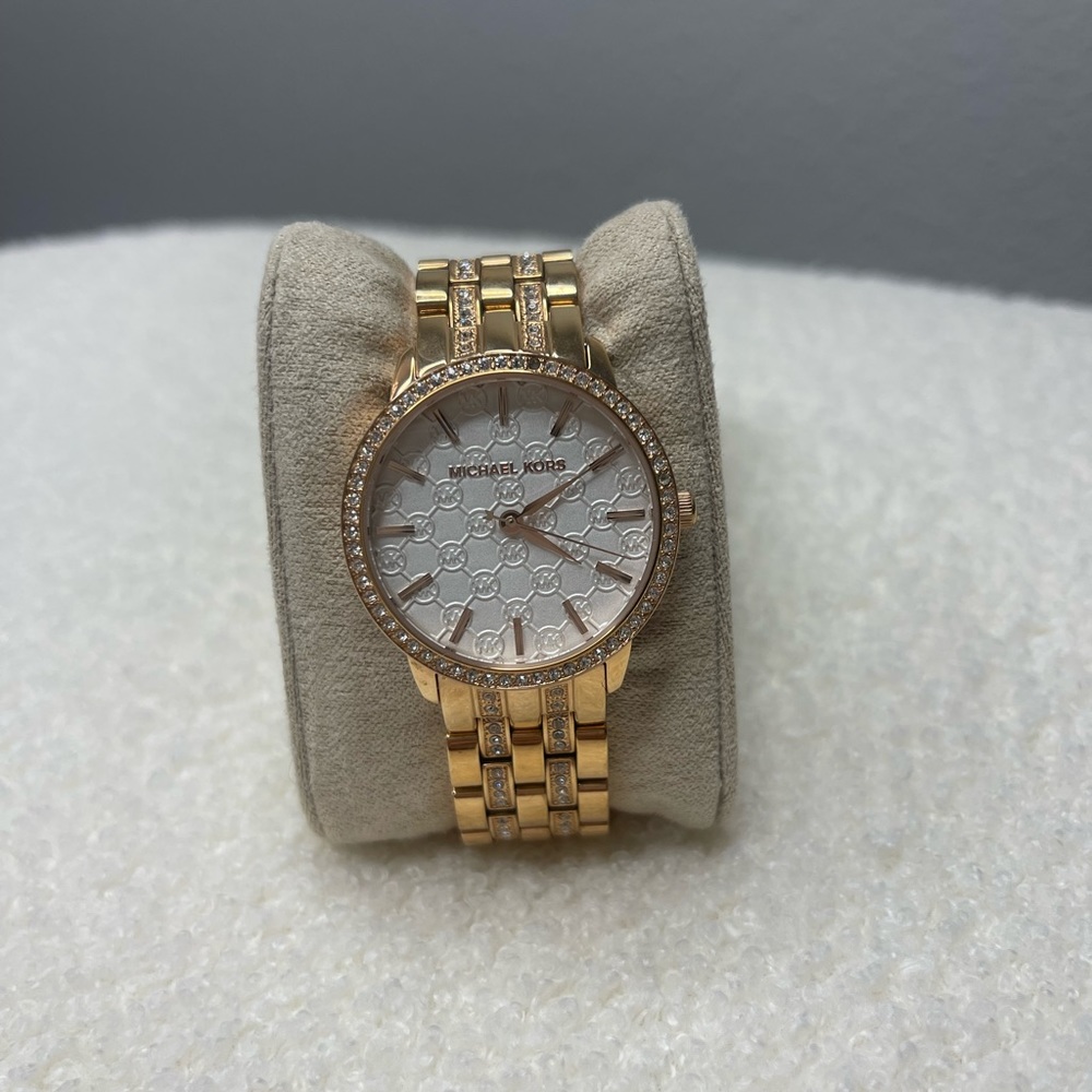 Michael Kors Nini Rose Gold Crystals White Monogram Watch WATCH-MK3183